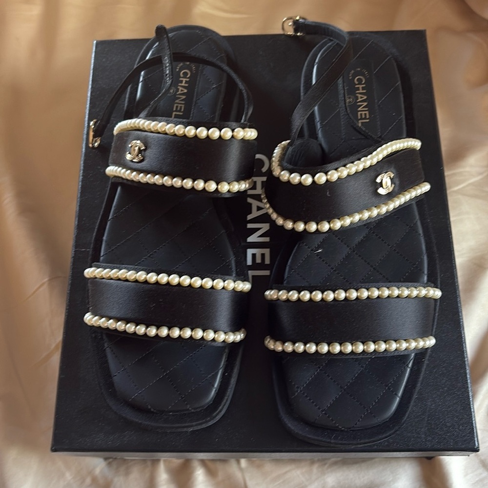 Chanel black satin and pearl sandals